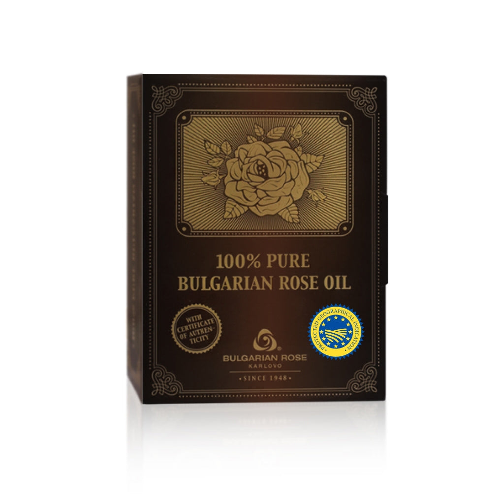 Bulgaars Rozenolie PGI 10 g / 11.74 ml in een kartonnen doos met glazen fles